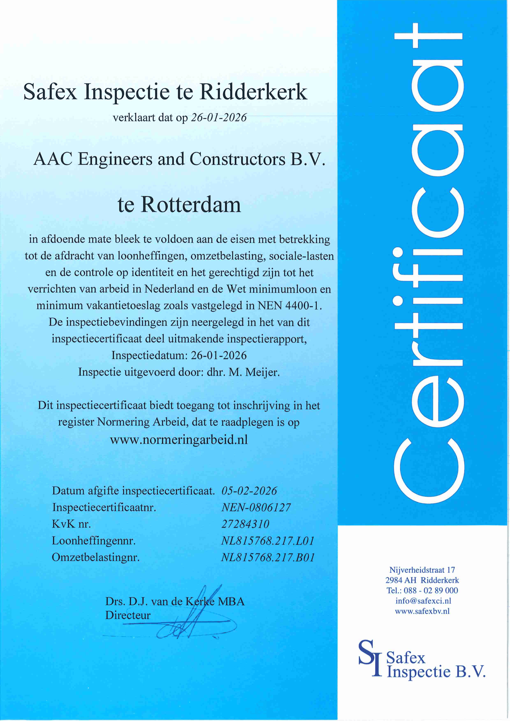 Safex Inspectie NEN 4400-1 Certificaat geldig tot 26-01-2026 - AAC Engineers and Constructors B.V.